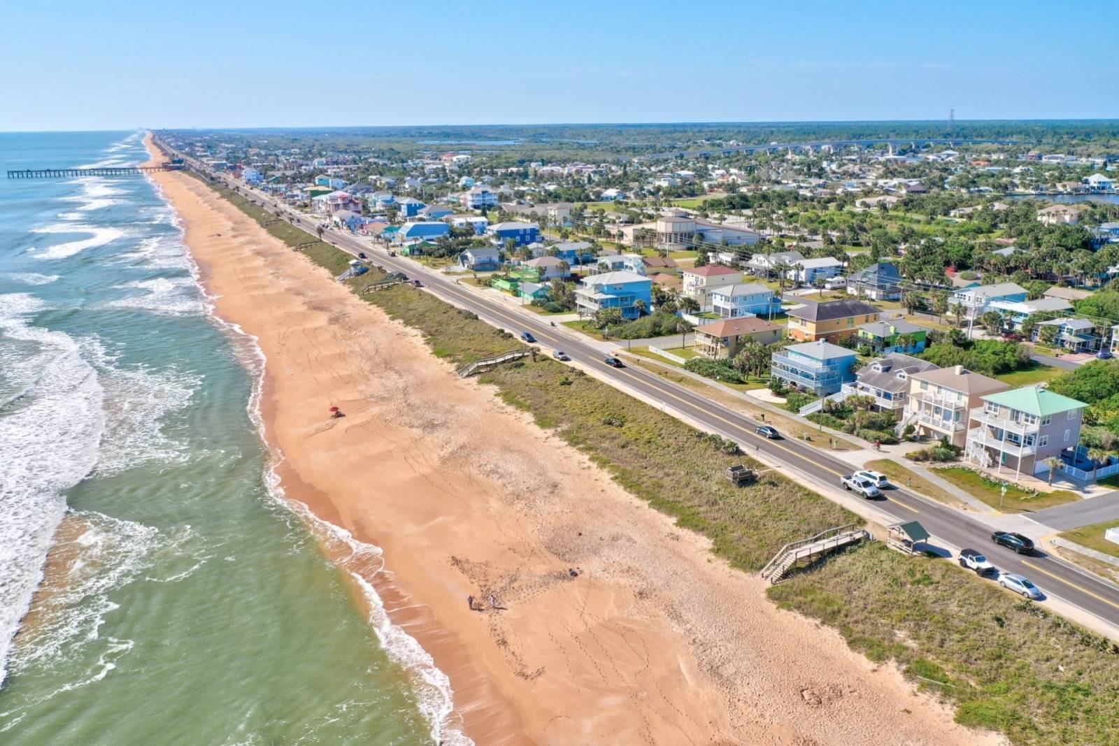 Wide aerial of Flagler Beach showing dune ridge and coastline